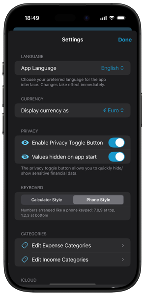 Settings configuration in Xpenses 1.1.0