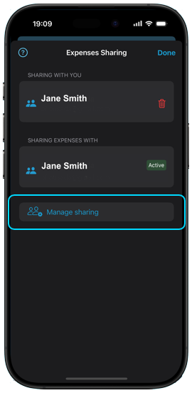 Xpenses manage sharing screen