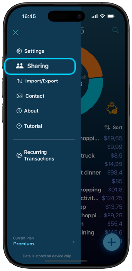 Xpenses sharing menu navigation